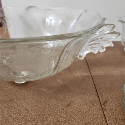 23 Pcs Etched Clear Glass Bowls, Shakers, Creamer, Sugar, Candle holders 12 plates