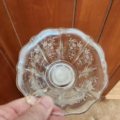 23 Pcs Etched Clear Glass Bowls, Shakers, Creamer, Sugar, Candle holders 12 plates