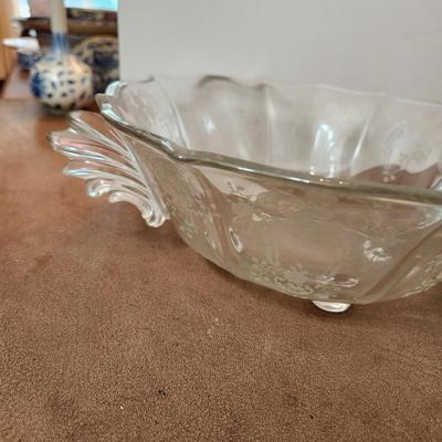 23 Pcs Etched Clear Glass Bowls, Shakers, Creamer, Sugar, Candle holders 12 plates