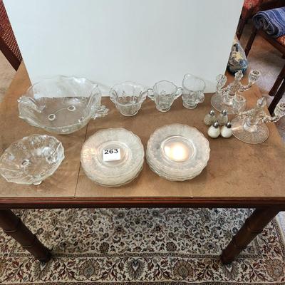 23 Pcs Etched Clear Glass Bowls, Shakers, Creamer, Sugar, Candle holders 12 plates