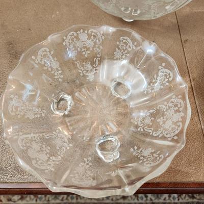 23 Pcs Etched Clear Glass Bowls, Shakers, Creamer, Sugar, Candle holders 12 plates