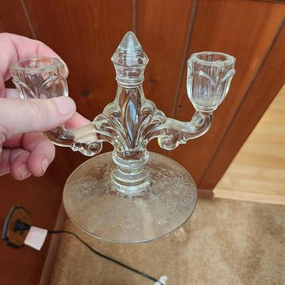 23 Pcs Etched Clear Glass Bowls, Shakers, Creamer, Sugar, Candle holders 12 plates