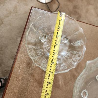 23 Pcs Etched Clear Glass Bowls, Shakers, Creamer, Sugar, Candle holders 12 plates