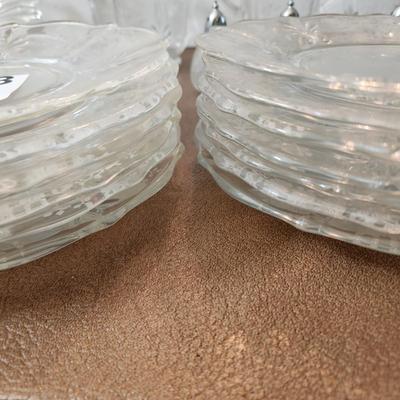 23 Pcs Etched Clear Glass Bowls, Shakers, Creamer, Sugar, Candle holders 12 plates