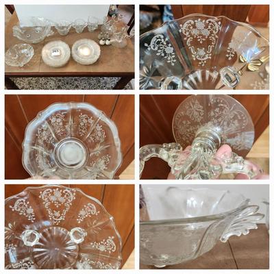 23 Pcs Etched Clear Glass Bowls, Shakers, Creamer, Sugar, Candle holders 12 plates