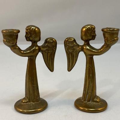 Pair of Vintage Midcentury Solid Brass Miniature Angel Candle Holders