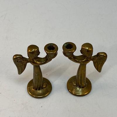 Pair of Vintage Midcentury Solid Brass Miniature Angel Candle Holders