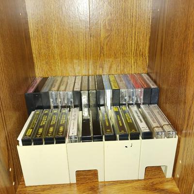FIVE TIER WOODEN SHELVING-CDS AND CASSETTES