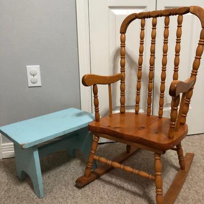 Child wooden rocker and step stool