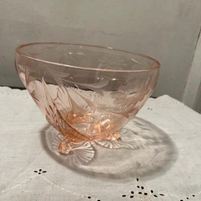 Jubilee Pink depression glass bowl. Book piece side view
