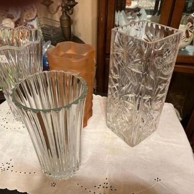 Tall Crystal Clear Vases and 1 Geometric Pink vase