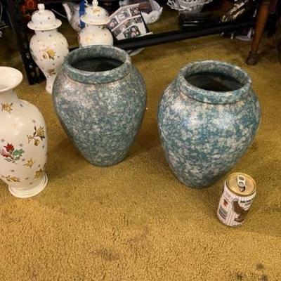 Medium size blue green mottled pair ceramic vases  Asian Vase