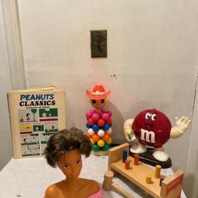 Peanuts Barbie Hair salon and Baby Blocks available M & M dispenser and Stacker Toy sold