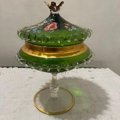 Hand Blown Artisan  Glass Covered Candy Dish