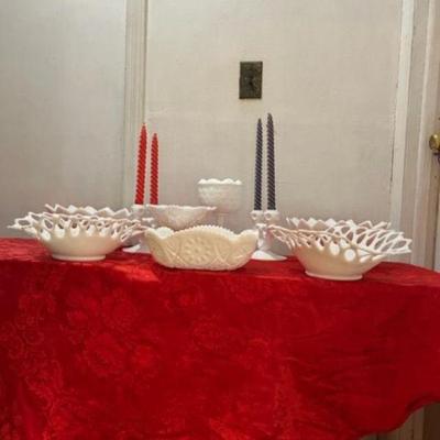 Clearance Milk Glass Delicate Stencil milk glass bowls   Double candle sticks Holders  