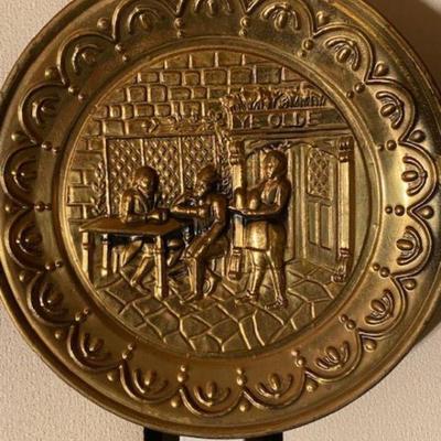 Mancave Decor Brass Repousse 2 Men at Tavern Table