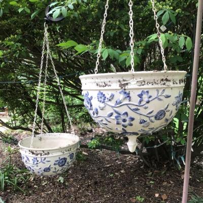 815 Pair of Blue and White Floral Pottery Hanging Planters