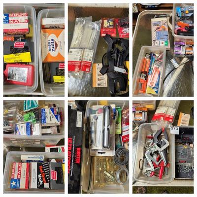 Table lot of hardware, nails, peg hooks, Dremel attachments,clamps,bits WYSIWYG