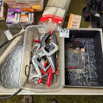 Table lot of hardware, nails, peg hooks, Dremel attachments,clamps,bits WYSIWYG