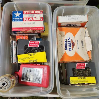 Table lot of hardware, nails, peg hooks, Dremel attachments,clamps,bits WYSIWYG