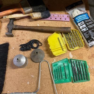 Paint Brushes, Drill bits, Funnels And Vintage Auto Body Hammer.