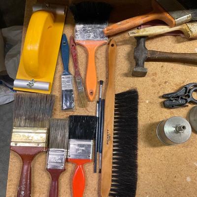 Paint Brushes, Drill bits, Funnels And Vintage Auto Body Hammer.