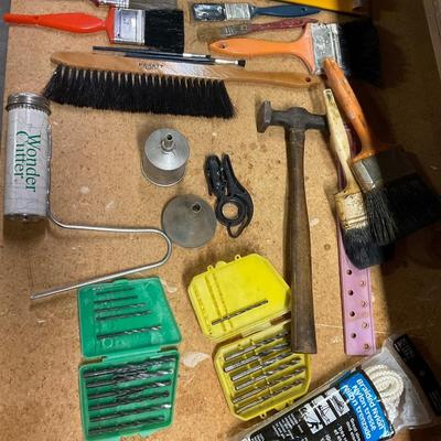 Paint Brushes, Drill bits, Funnels And Vintage Auto Body Hammer.