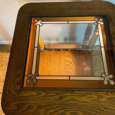 Oak Faux Leaded Glass Top Side Table #2