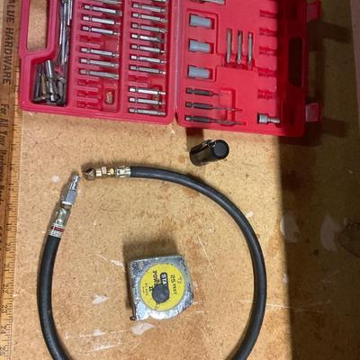 Bit Set, Air Hose, Tape Measure And Flashlight