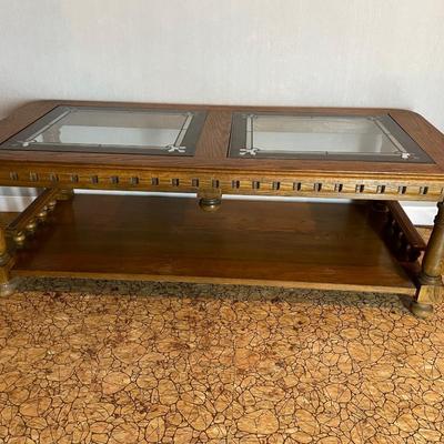 Oak Faux Leaded Glass Top Coffee Table