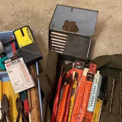 895 Lot of Misc. Tools , Steel Tape, Drill Bits, Pliers, Benz -O-Matic and more
