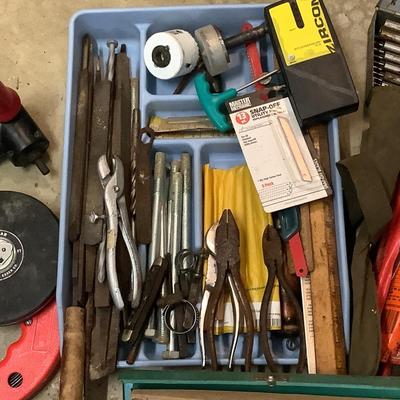 895 Lot of Misc. Tools , Steel Tape, Drill Bits, Pliers, Benz -O-Matic and more