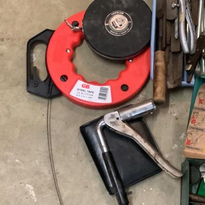 895 Lot of Misc. Tools , Steel Tape, Drill Bits, Pliers, Benz -O-Matic and more