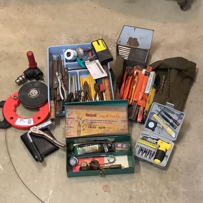 895 Lot of Misc. Tools , Steel Tape, Drill Bits, Pliers, Benz -O-Matic and more