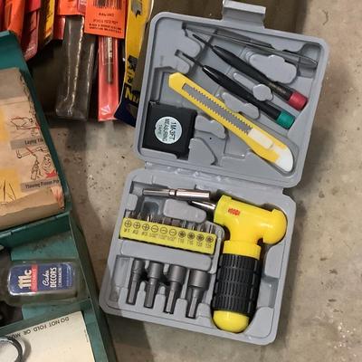 895 Lot of Misc. Tools , Steel Tape, Drill Bits, Pliers, Benz -O-Matic and more