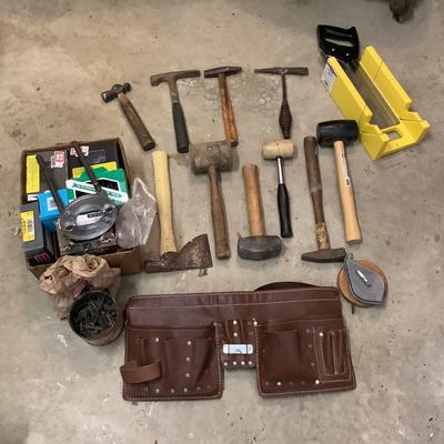 901 Lot of Vatious Hammers, Nails, and Leather Tool Belt