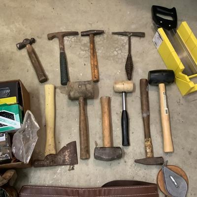 901 Lot of Vatious Hammers, Nails, and Leather Tool Belt