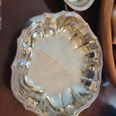 Silverplate Lot with Wood Fruit Bowl