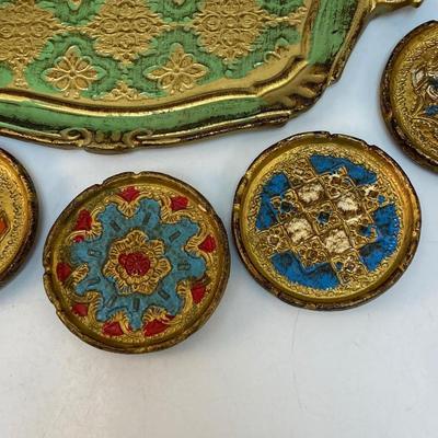 Colorful Mid-Century Gold Italian Florentine Toleware Platter Tray with 5 Drink Coasters