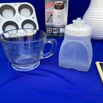 MORE GOOD KITCHEN STUFF, A NIB COFFEE GRINDER, COOL VINTAGE GLASS LIQUID MEASURER ,STONEWAVE  MICROWAVE DISH & MORE