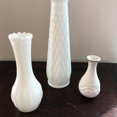 (3) small white bud vases