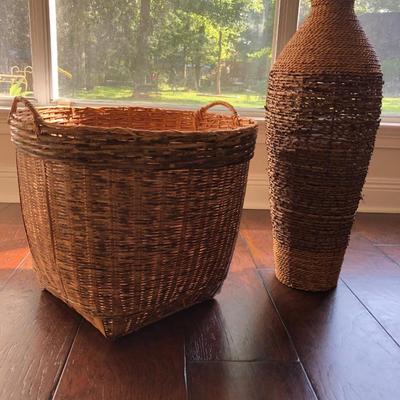 (2 baskets) blanket/ pillow holder and tall vase.