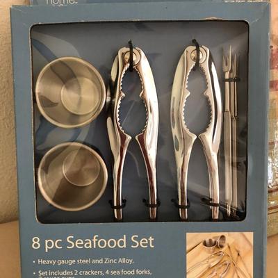 Seafood set and checkered tablecloth