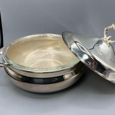 Vintage Silver Plate Stainless Lidded Casserole Soup Tureen Serving Dish with Glass Fire King Bakeware Bowl