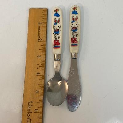 Pair of Vintage Child's Toddlers Eating Utensils Cute Rabbit Handles Spoon & Knife