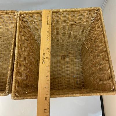 Matching Pair of Square Wicker Woven Rattan Baskets Bins Trash Cans