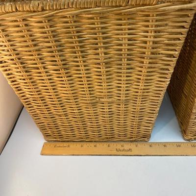 Matching Pair of Square Wicker Woven Rattan Baskets Bins Trash Cans