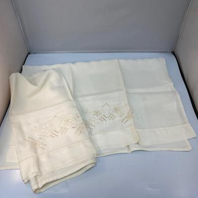 Pair of Ivory Cream Off White Flower Embroidered Satin Standard Pillowcases