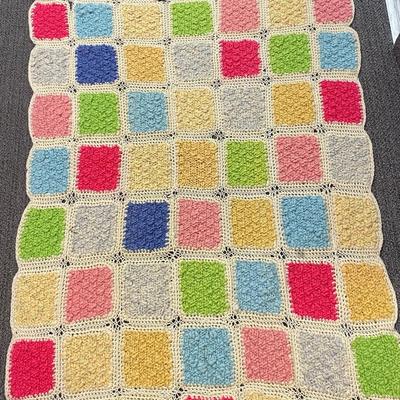 Colorful Squares Vintage Crochet Knitted Throw Lap Blanket