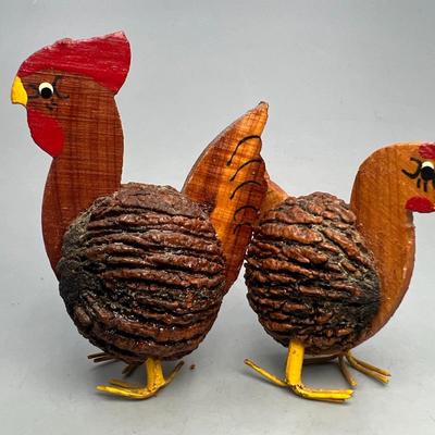 Vintage Handmade Folk Art Repurposed Acorn Seed Rooster Hen Salt & Pepper Shakers